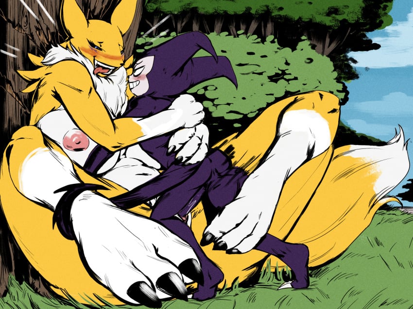 against_surface against_tree ahe_gao ahegao_face balls ballsack bandai_namco big_breasts big_penis blush breasts digimon digimon_tamers female_fox fox imp impmon naked nude outdoor_nudity outdoor_sex outside_sex penis redblacktac renamon sex vaginal_penetration vaginal_sex