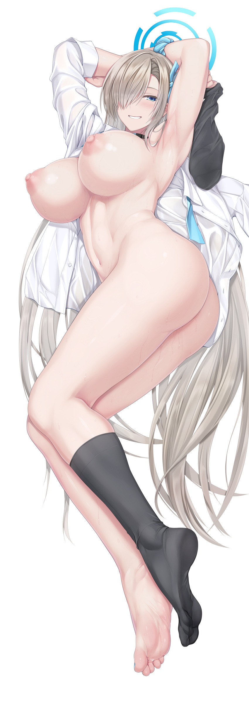 1girls arms_up ass asuna_(blue_archive) asymmetrical_legwear barefoot black_legwear blonde_hair blue_archive blue_eyes breasts choker cleaning_&_clearing_(blue_archive) feet grin grinning large_breasts long_hair millennium_science_school_student naturalton simple_background single_kneehigh socks_removed sweat white_background