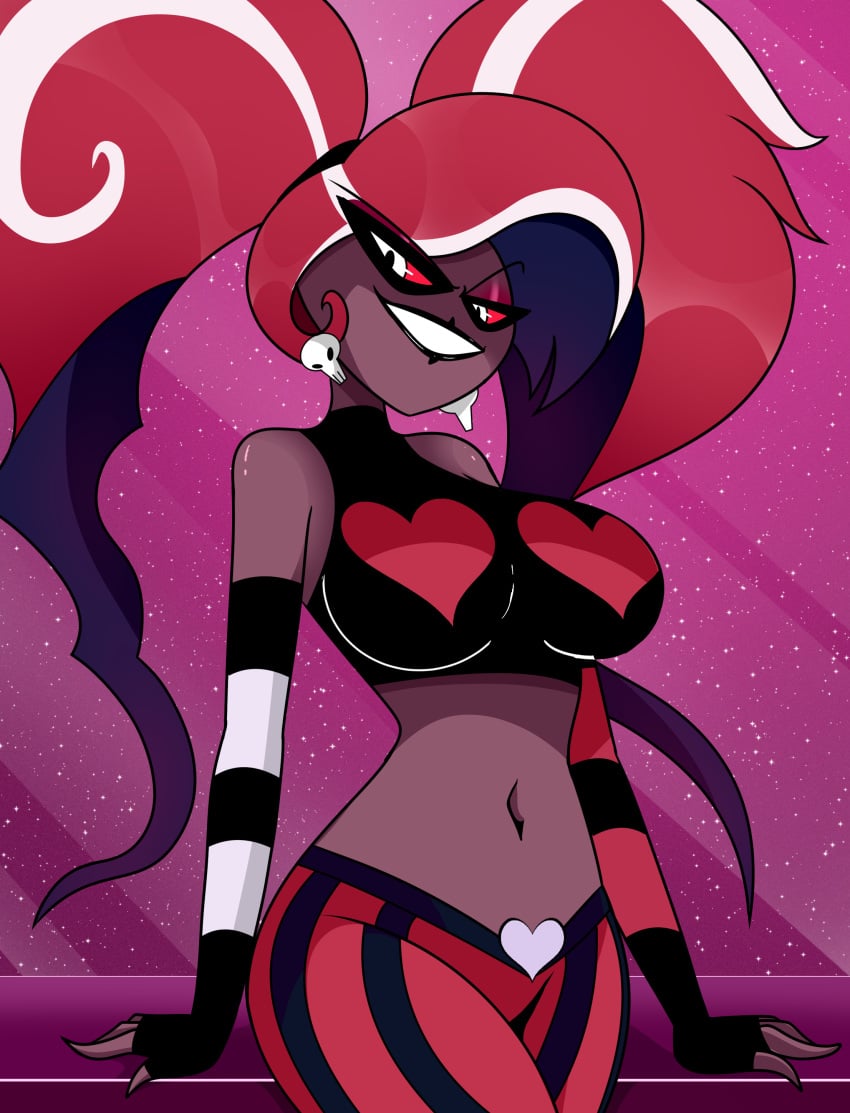 1girls black_lipstick breasts crop_top curvy_female demon demon_girl eyeshadow female female_only fingerless_gloves hazbin_hotel hourglass_figure huge_breasts looking_at_viewer looking_down midriff multicolored_hair navel ponytails red_sclera skull_earrings smile smiling smiling_at_viewer solo solo_female sonson-sensei striped_gloves thick_thighs velvette white_eyes