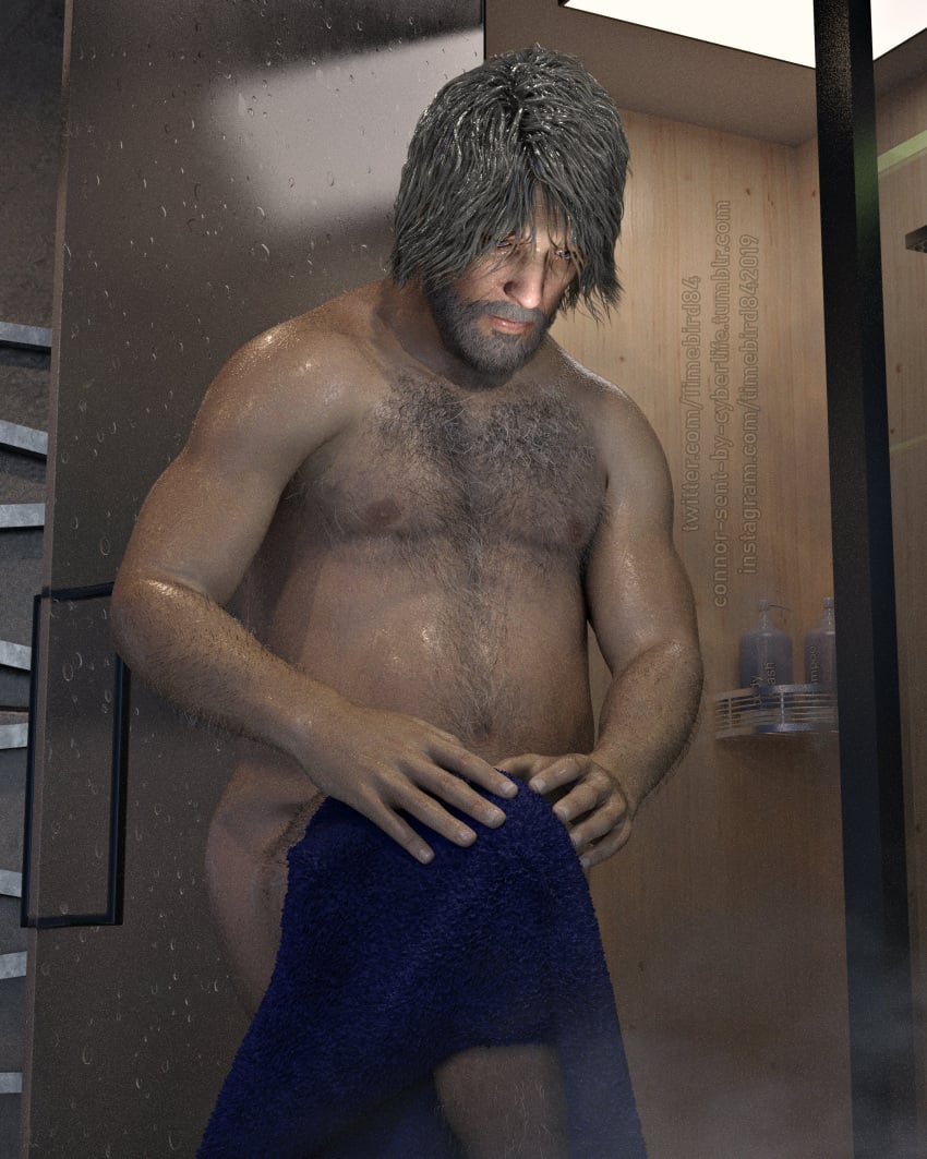 3d 3d_(artwork) 3d_model dad_bod detroit:_become_human grey_hair hairy hairy_chest hairy_male hank_anderson light-skinned_male light_skin male male_focus male_only middle_aged middle_aged_male middle_aged_man no_visible_genitalia post_shower shower solo solo_focus solo_male timebird84_(artist) toweling_off