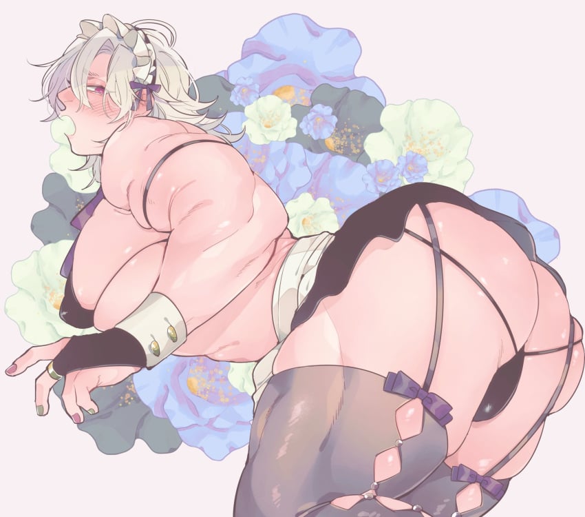 alternate_costume ambush_(trap) armband bent_over big_ass big_pecs bikini blush crossdressing demon_slayer embarrassed fingerless_gloves garter_straps hair_down huge_ass kimetsu_no_yaiba kyu_717 looking_back maid maid_headdress maid_uniform male male_only multiple_girls muscular muscular_thighs nail_polish pecs red_eyes stockings thick_thighs thighhighs thunder_thighs upskirt uzui_tengen waist_apron white_hair