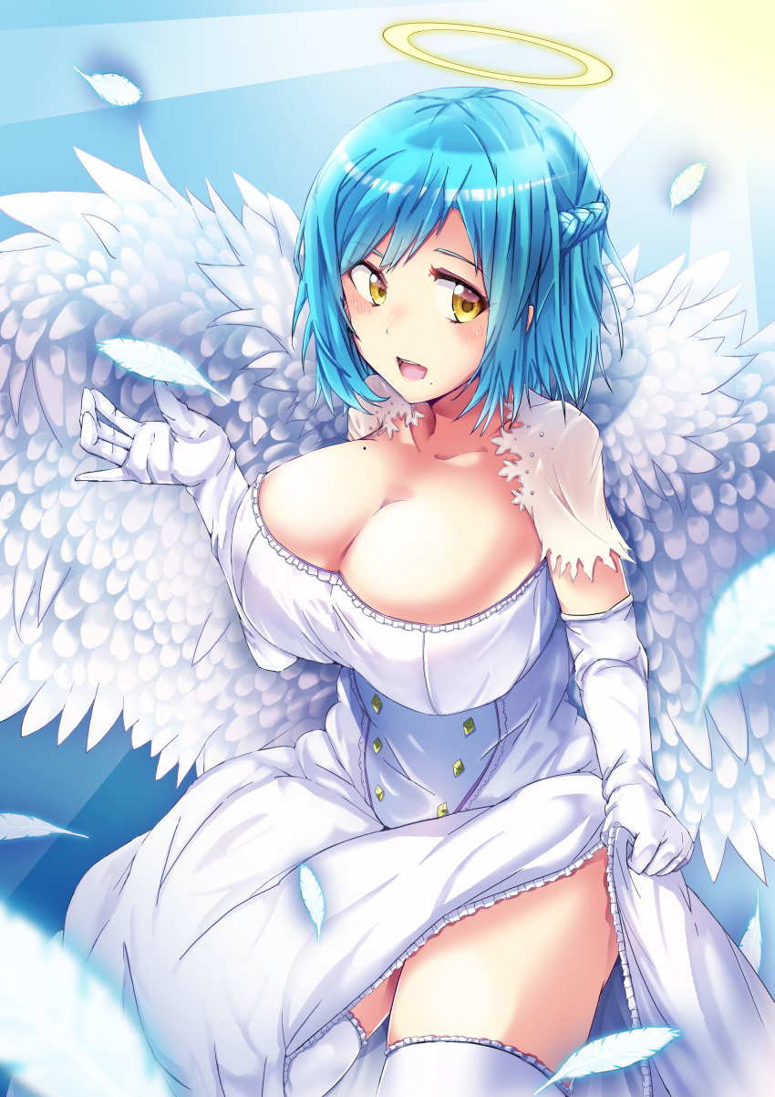 :d absurdres angel angel_wings artist_request bangs blue_hair blush braid breasts cleavage collarbone commentary_request detached_sleeves dress elbow_gloves eyebrows_visible_through_hair falling_feathers feathered_wings feathers female french_braid gloves halo highres holding_skirt huge_breasts looking_at_viewer moira_(nijisanji) mole mole_on_breast mole_under_mouth nijisanji open_mouth short_hair side_slit smile solo thighhighs user_hstd3528 virtual_youtuber white_dress white_wings wings yellow_eyes