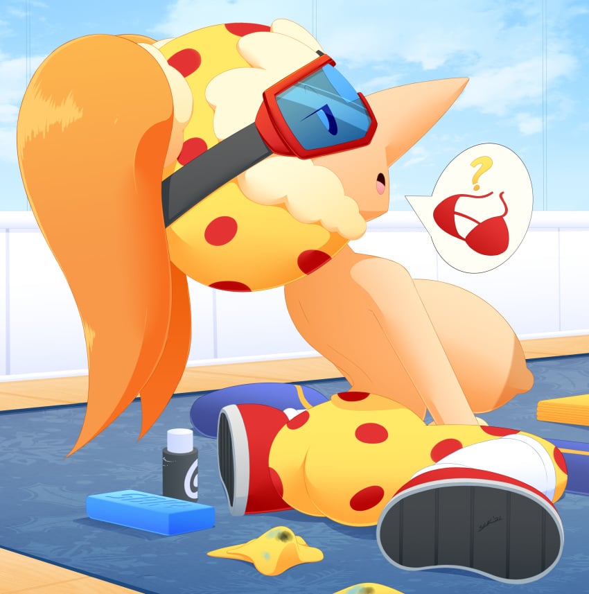 1girls absurd_res ass atlus breasts dark_nipples female full_body goggles highres huge_breasts linda_maltinie nipples polka_dot shortstack sitting ski_goggles slickehedge snowboard_kids solo twintails wariza