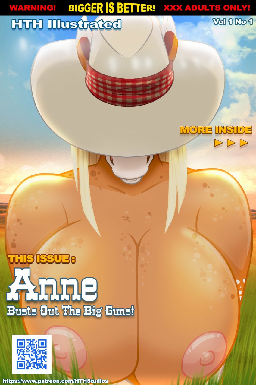 anne_(hth) anthro big_breasts blonde_female blonde_hair breasts breasts_focus breasts_out breasts_outside cowboy_hat crowchild erect_nipples eyes_covered female female_focus female_only freckles freckles_on_breasts furry horse hth_studios huge_breasts magazine_cover mare nipples qr_code tan_body tan_fur text