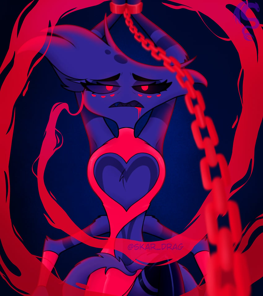 abuse angel_dust_(hazbin_hotel) boy chains demon demon_boy femboy femboy_only hands_tied hands_up hazbin_hotel hell pink_eyes poison poison_(hazbin_hotel) porn_star sad sad_face serious smoke spider spider_demon spiders tied tied_hands valentino_(hazbin_hotel)