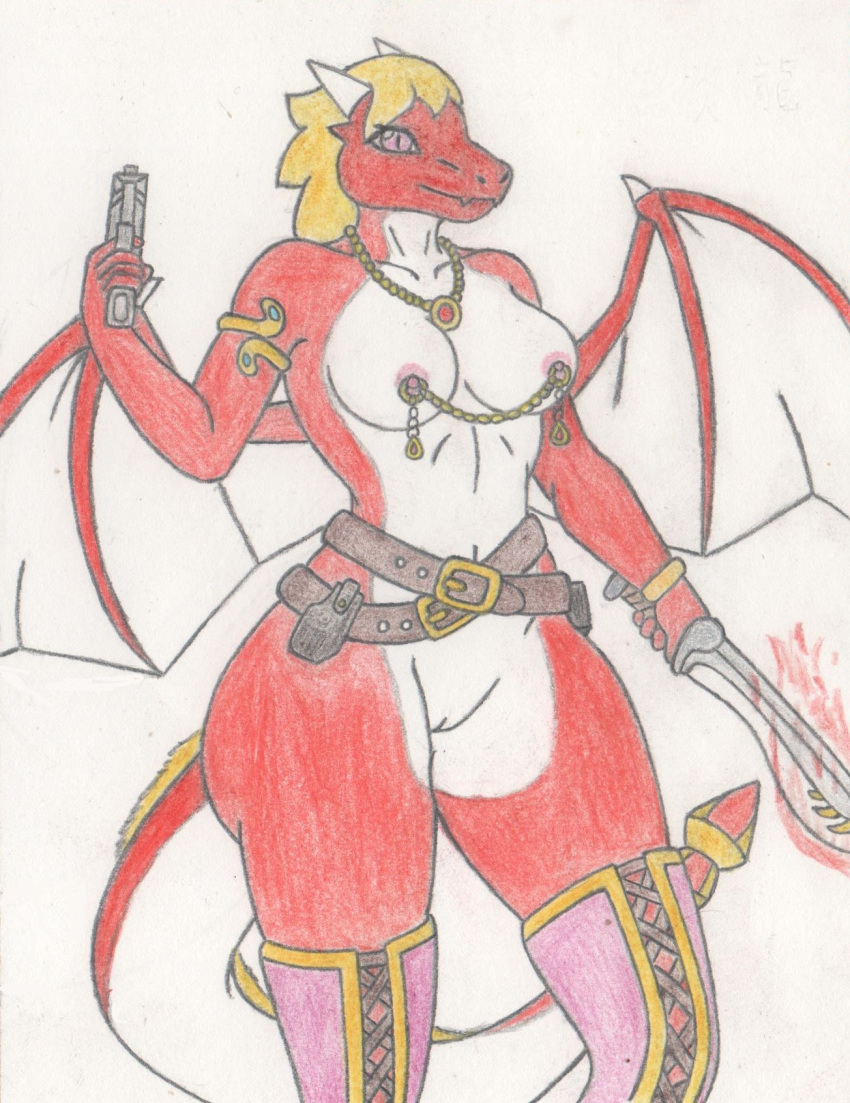 anthro breasts colored_pencil_(artwork) dragon dragoness female hair hi_res imjim007 pussy solo traditional_media_(artwork)