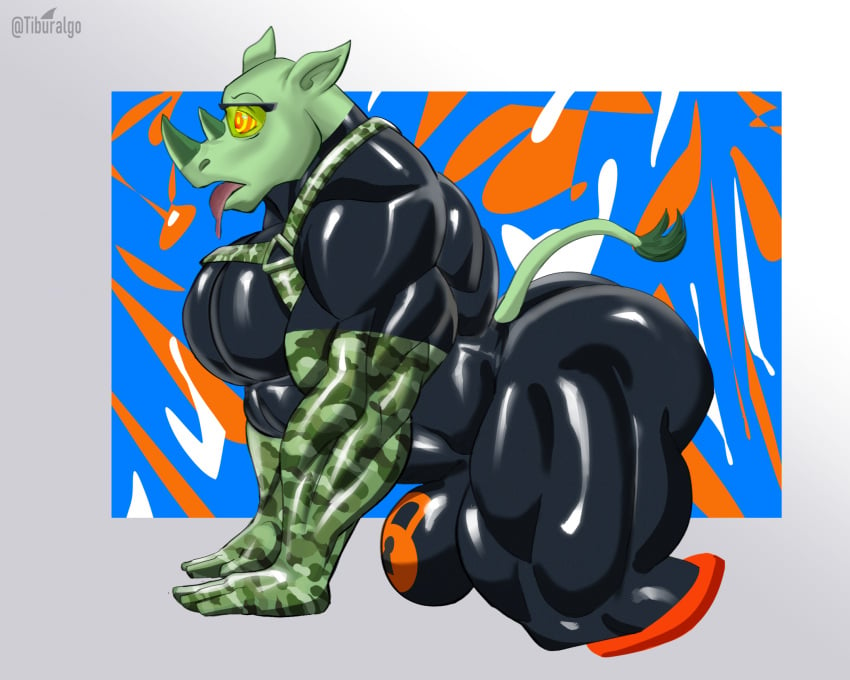 abstract_background anthro black_body camo clothing drone gloves green_body handwear harness hi_res hypnosis hypnotic_eyes hypnotic_visor kneeling latex latex_clothing latex_gloves latex_handwear latex_skinsuit lock_symbol male mammal mind_control muscular muscular_male null_bulge rhinoceros side_view skinsuit solo thick_thighs tiburalgo tight_clothing tongue tongue_out