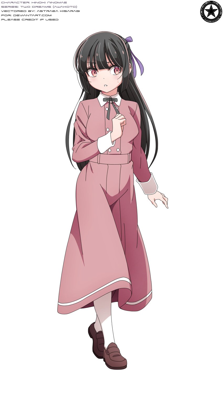 absurd_res akiranyo awakoto belt black_hair black_hair_female black_ribbon bow buttons female full_body fully_clothed hair_ribbon hinoki_ninomae human human_female light-skinned_female light_skin long_skirt looking_away mary_janes modest not_porn pink_clothing pink_dress purple_bow school_uniform sfw slippers stockings transparent_background vector_trace worried worried_expression