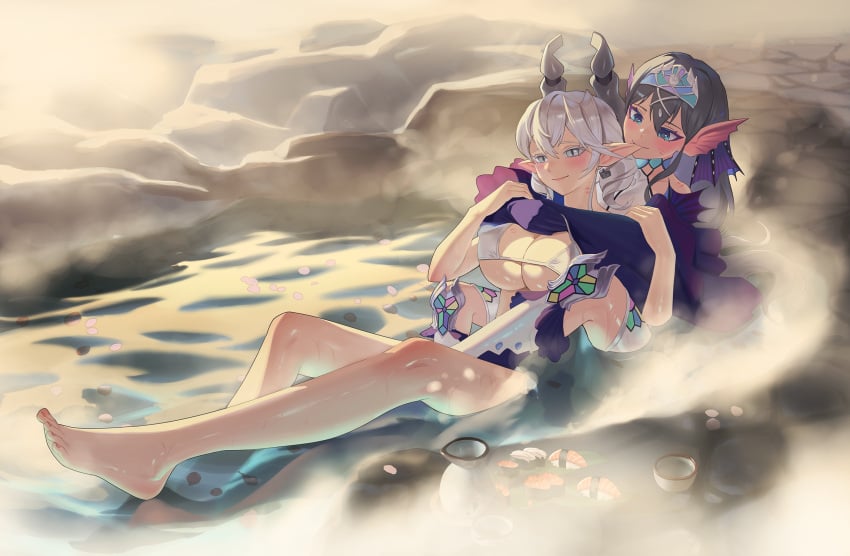 2girls barefoot biting biting_ear blue_eyes bowl bra breasts chinese_commentary covered_nipples demon_girl demon_horns diadem feet fins food grey_eyes grey_hair head_fins highres horns hug jar kitkallos_(yu-gi-oh!) large_breasts light_blush long_hair lovely_labrynth_of_the_silver_castle multiple_girls onsen outdoors partially_submerged petals rare_lemon sleeves_past_wrists steam sushi tearlaments_kitkallos toes underwear yu-gi-oh! yuri