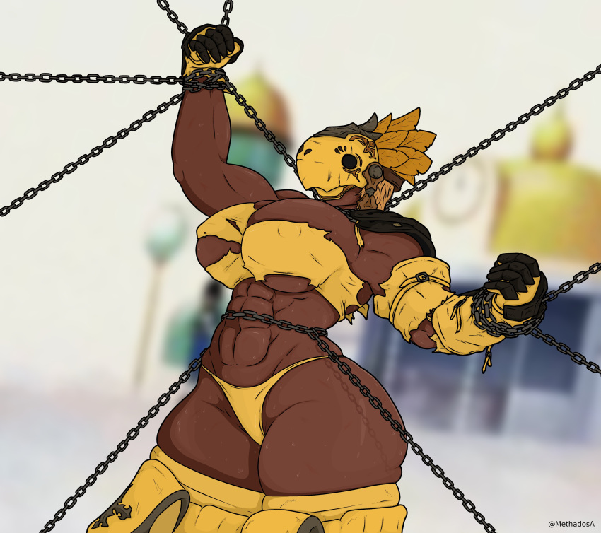 1girls 2020s 2024 2d 2d_(artwork) big_breasts big_thighs blonde_hair boots breasts busty chained chained_up chains dragon_ball elbow_gloves female female_focus female_only final_fantasy final_fantasy_xiv gloves helmet hi_res highres hips hourglass_figure huge_thighs hyperbolic_time_chamber large_breasts large_thighs mask masked masked_female methados mira_(methados) muscular muscular_female nipple_bulge pauldron roegadyn solo solo_female solo_focus thick_thighs thighhigh_boots thighhighs thighs thong tomboy toned toned_stomach torn_clothes wide_hips yellow_clothing yellow_thong