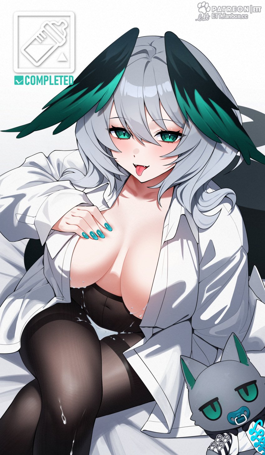 1girls 2024 arknights artist_name big_breasts blue_nails breasts_out cute_fangs ett fangs feathers female green_eyes grey_hair hi_res ho'olheyak_(arknights) lactation light-skinned_female light_skin looking_at_viewer nail_polish no_bra open_shirt painted_nails pantyhose signature smile solo tagme tongue tongue_out