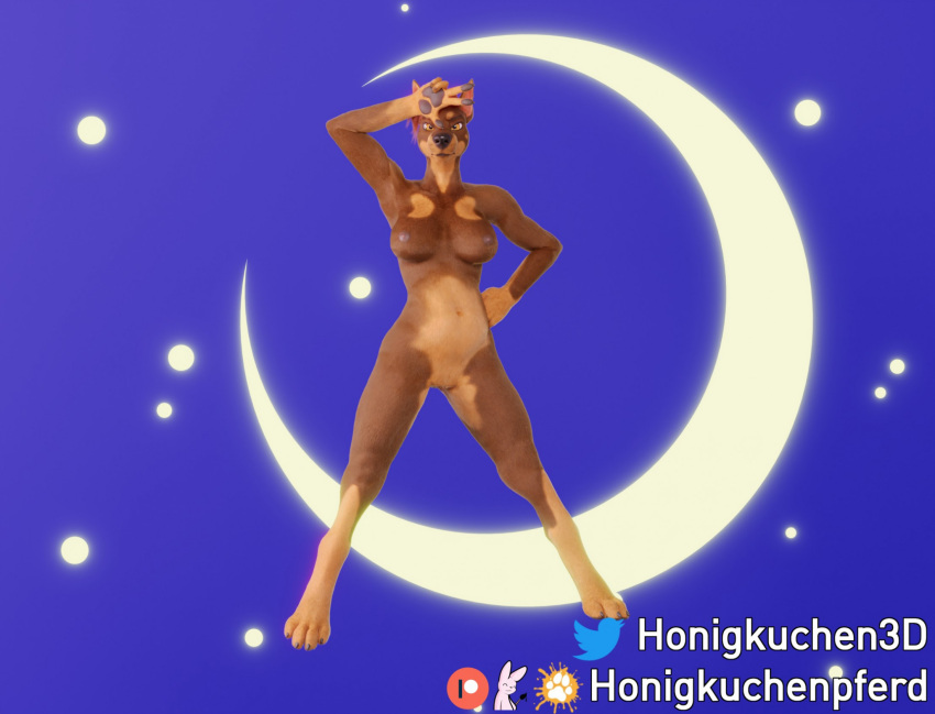 3d_(artwork) anthro anthro_only belly breasts canid digital_media_(artwork) dobermann_(untied_verbeger) female genitals hair hi_res honigkuchenpferd mammal moon navel nude paws pose prick_ears pussy red_hair simple_background solo star