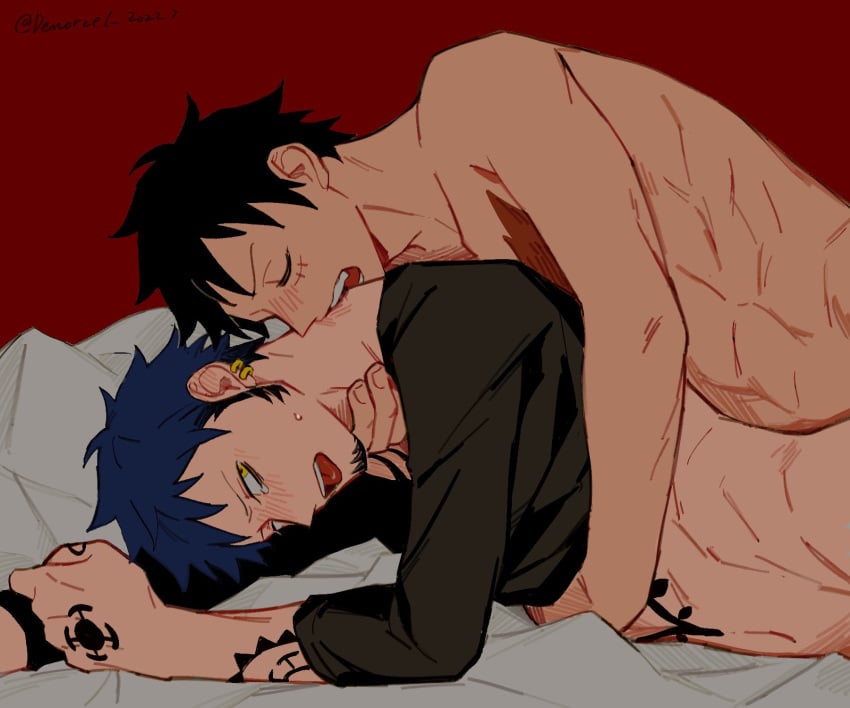 2022 2boys abs arm_tattoo bed biting black_hair black_shirt blush chest_tattoo closed_eyes commentary_request dated demorzel earrings facial_hair gay goatee hand_tattoo highres implied_sex jewelry male male_only monkey_d_luffy multiple_boys navel neck_biting neck_grab one_piece open_mouth pillow prone_bone red_background scar scar_on_cheek scar_on_face shirt short_hair sweater tattoo tears tongue tongue_out trafalgar_law yaoi yellow_eyes