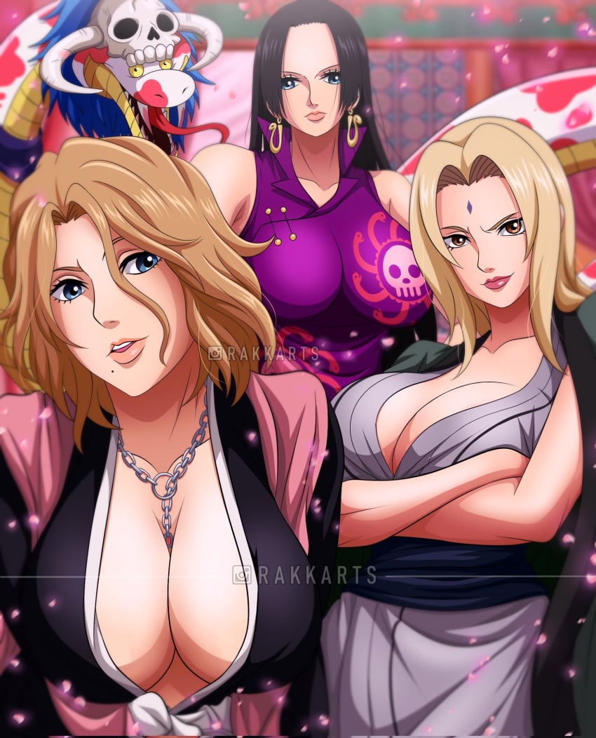 3girls arms_under_breasts big_breasts black_hair bleach bleach:_the_thousand-year_blood_war blonde_hair blue_eyes boa_hancock breasts brown_eyes chain_necklace cleavage collared_dress crossed_arms crossover dress earrings facial_mark female female_only forehead_mark highres huge_breasts japanese_clothes jewelry kimono large_breasts long_hair looking_at_viewer matsumoto_rangiku medium_hair mole mole_under_mouth multiple_girls naruto naruto_(series) naruto_shippuden necklace one_piece pink_scarf rakara11 salome_(one_piece) scarf shounen_jump snake the_big_6 trait_connection tsunade voluptuous voluptuous_female voluptuous_milf wide_hips