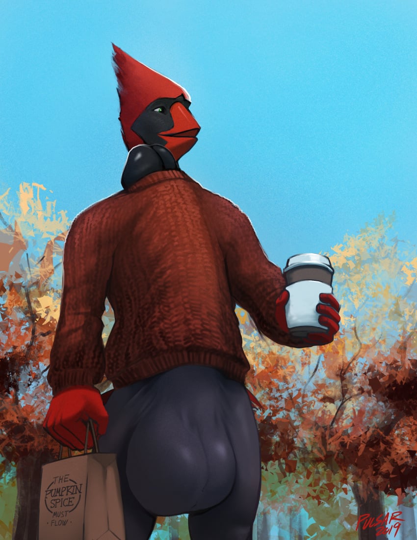 anthro balls bird bulge coffee erection_under_clothes feathers huge_balls hyper hyper_balls hyper_bulge hyper_penis male_only penis pulsar pulsar_(character) red_feathers see-through_clothing see-through_penis solo solo_male sweater