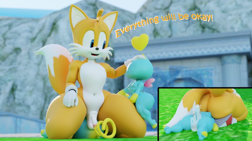 3d anthro ass balls big_ass big_butt bodily_fluids canid canine chao_(sonic) cum facesitting femboy fox gay genital_fluids genitals heart hi_res male male/male mammal penis petting petting_head sega sitting_on_another size_difference small_penis smaller_male sonic_(series) sonic_the_hedgehog_(series) supersuperrare tails text thick_thighs unaware unaware_buttcrush wide_hips