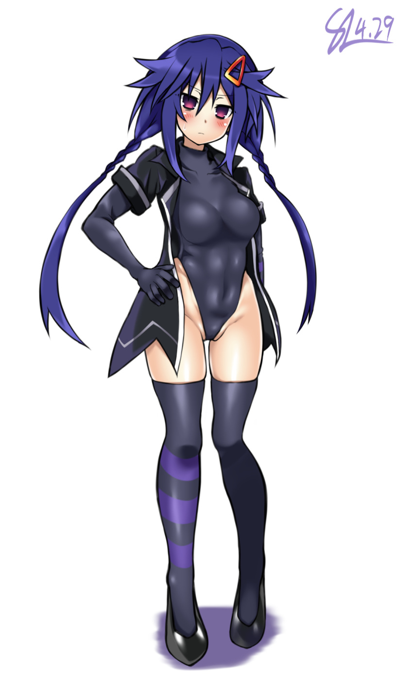 artist_signature black_socks blue_hair blush breasts closed_mouth clothed compile_heart dated elbow_gloves hairclip hand_on_hip heels idea_factory kurome_ankokuboshi kurozero leotard light-skinned_female looking_at_viewer neptunia_(series) open_jacket purple_hair purple_socks pussy_lips skin_tight socks socks_and_heels solo stripped_socks thigh_socks thighhighs thighs twintails