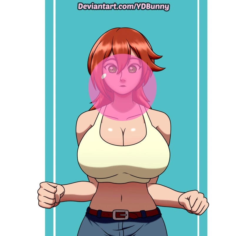 1girls animated aria_(loner2000) breast_expansion bubblegum female female_only green_eyes huge_breasts human solo solo_female tank_top tight_clothing ydbunny