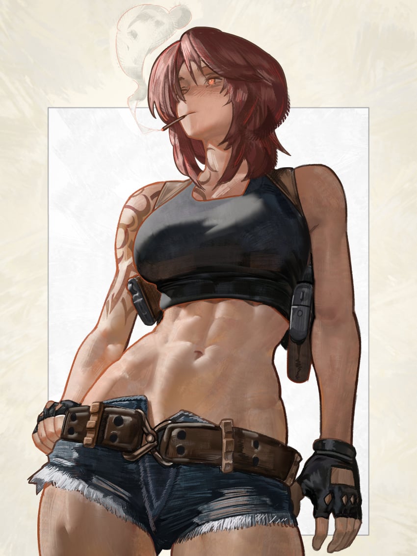 1girls abs amber_eyes belly belly_button belt big_breasts black_lagoon breasts cigarette female female_focus female_only fit fit_female gloves guns long_hair midriff muscular muscular_female navel revy short_shorts shorts smoking solo solo_female solo_focus standing stomach tagme tank_top tattoo toned toned_female