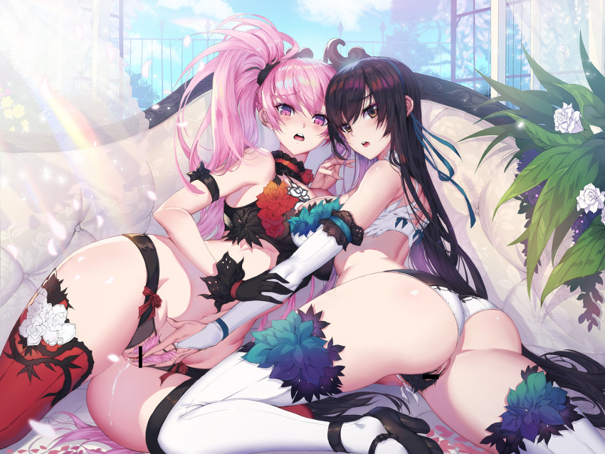 2girls arm_garter arm_strap ass back bar_censor black_gloves black_hair blush bow bow_panties braid breast_press breasts bridal_gauntlets brown_eyes censored collar couch crotchless_panties detached_collar ear_piercing eyebrows_visible_through_hair fingernails flower frilled_collar frills furrowed_eyebrows gloves hair_ribbon high_heels highleg highleg_panties indoors large_breasts long_hair looking_at_viewer multiple_girls on_couch open_mouth original panties petals piercing pink_eyes pink_hair pubic_hair pussy pussy_juice red_legwear revealing_clothes ribbon rodway sharp_fingernails shoulder_blades side_ponytail sleeveless sunlight teeth thighhighs thighs underwear very_long_hair white_gloves white_legwear