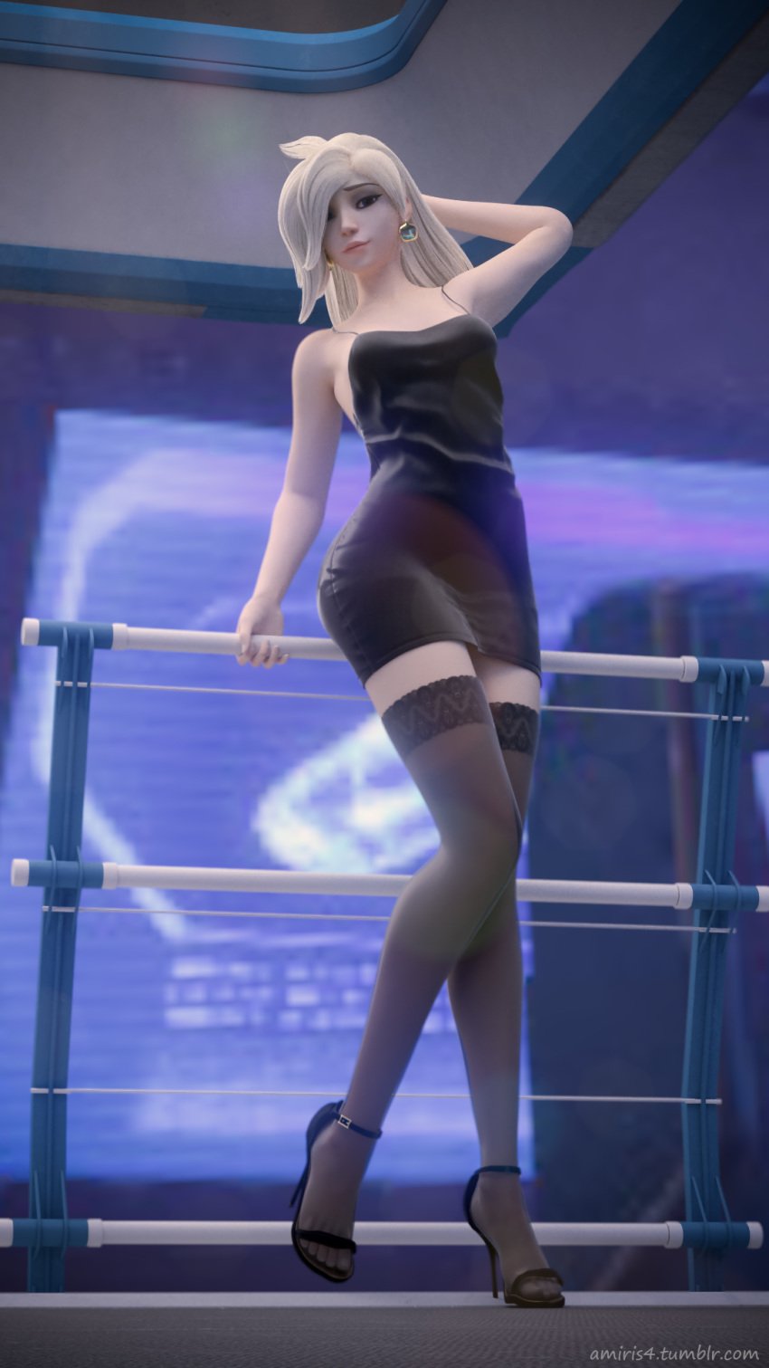 1girls 3d amiris4 armpits black_dress blizzard_entertainment blonde_hair doctor dress female female_only high_heels highres looking_at_viewer mercy overwatch pale_skin pencil_dress solo_female stockings tight_dress url