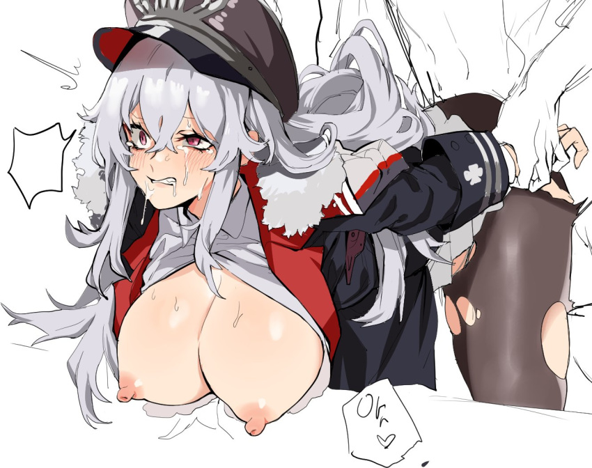 ahe_gao arm_held_back azur_lane bangs banssee bent_over breasts cape clothed_sex crossed_bangs doggy_style fur-trimmed_cape fur_trim graf_zeppelin_(azur_lane) hanging_breasts hat large_breasts military_hat nipples open_clothes open_shirt pantyhose peaked_cap sex silver_hair sketch straight torn_clothes torn_legwear