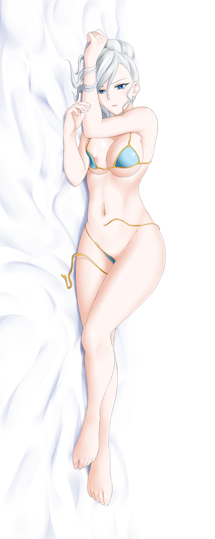 absurdres alfred_cullado areola_slip areolae banned_artist barefoot bed_sheet bikini blue_bikini blue_eyes breasts cleavage closed_mouth dakimakura female from_side hair_between_eyes highres incredibly_absurdres looking_at_viewer lying medium_breasts navel on_side rwby sideboob silver_hair simple_background solo swimsuit tied_hair underboob untied untied_bikini white_background winter_schnee