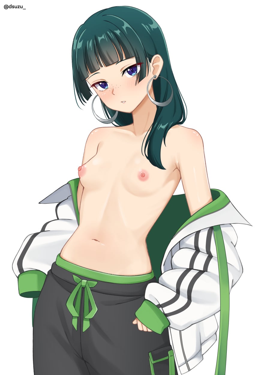 1girl absurdres black_pants blue_eyes breasts commentary_request dsuzu earrings female female_only freckles green_hair highres jacket jewelry kusuriya_no_hitorigoto long_hair looking_at_viewer maomao_(bubbles)_(kusuriya_no_hitorigoto) maomao_(kusuriya_no_hitorigoto) midriff navel nipples paid_reward_available pants simple_background small_breasts solo sportswear twitter_username very_long_hair white_background white_jacket