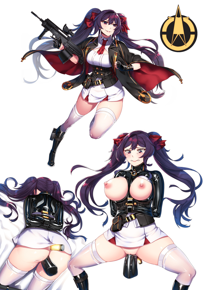 absurdres anal anal_object_insertion areolae arms_behind_back ass assault_rifle asymmetrical_gloves black_cape black_footwear black_gloves bondage boots bound bound_arms breasts breasts_out bullpup cape cosplay double-breasted double_penetration female fingerless_gloves girls'_frontline gloves gun half_gloves hie_(hiememiko) hiememiko highres large_breasts latex long_hair nipples object_insertion purple_eyes purple_hair pussy_juice red_ribbon ribbon rifle shirt straitjacket thighhighs twintails type_97_(girls'_frontline) underbust vaginal_object_insertion vaginal_penetration very_long_hair weapon white_legwear white_shirt