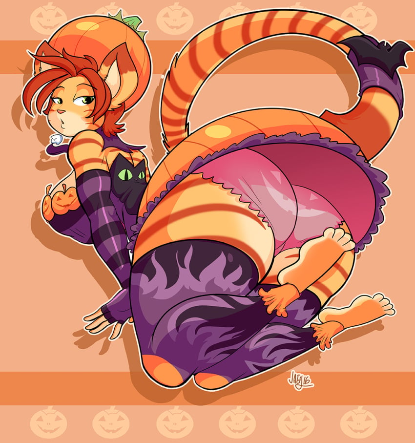 anthro ass decorations dress feet feline female female_focus female_only gloves halloween jack-o'-lantern jaeh loree orange_hair original original_character panties pink_panties pumpkin_butt sideboob stockings