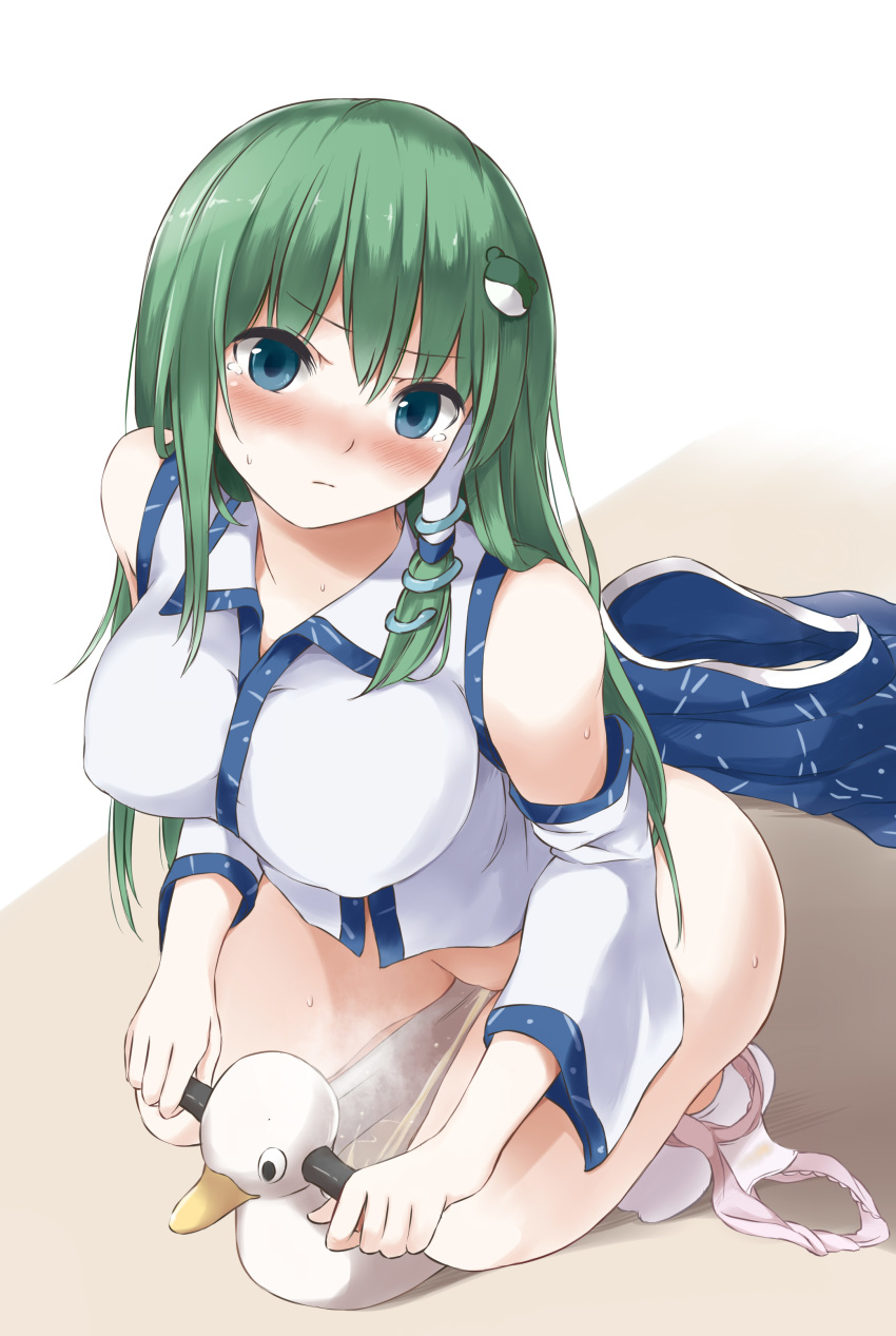 absurdres blue_eyes blush bottomless female female_only green_hair hair_ornament highres looking_at_viewer panties panties_around_one_leg peeing potty sanae_kochiya skirt skirt_removed socks squatting techi_(techi35499) thighs touhou underwear