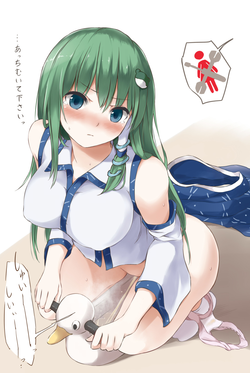 absurdres blue_eyes blush bottomless female female_focus female_only green_hair hair_ornament highres looking_at_viewer panties panties_around_one_leg peeing potty sanae_kochiya skirt skirt_removed socks squatting techi_(techi35499) thighs touhou underwear