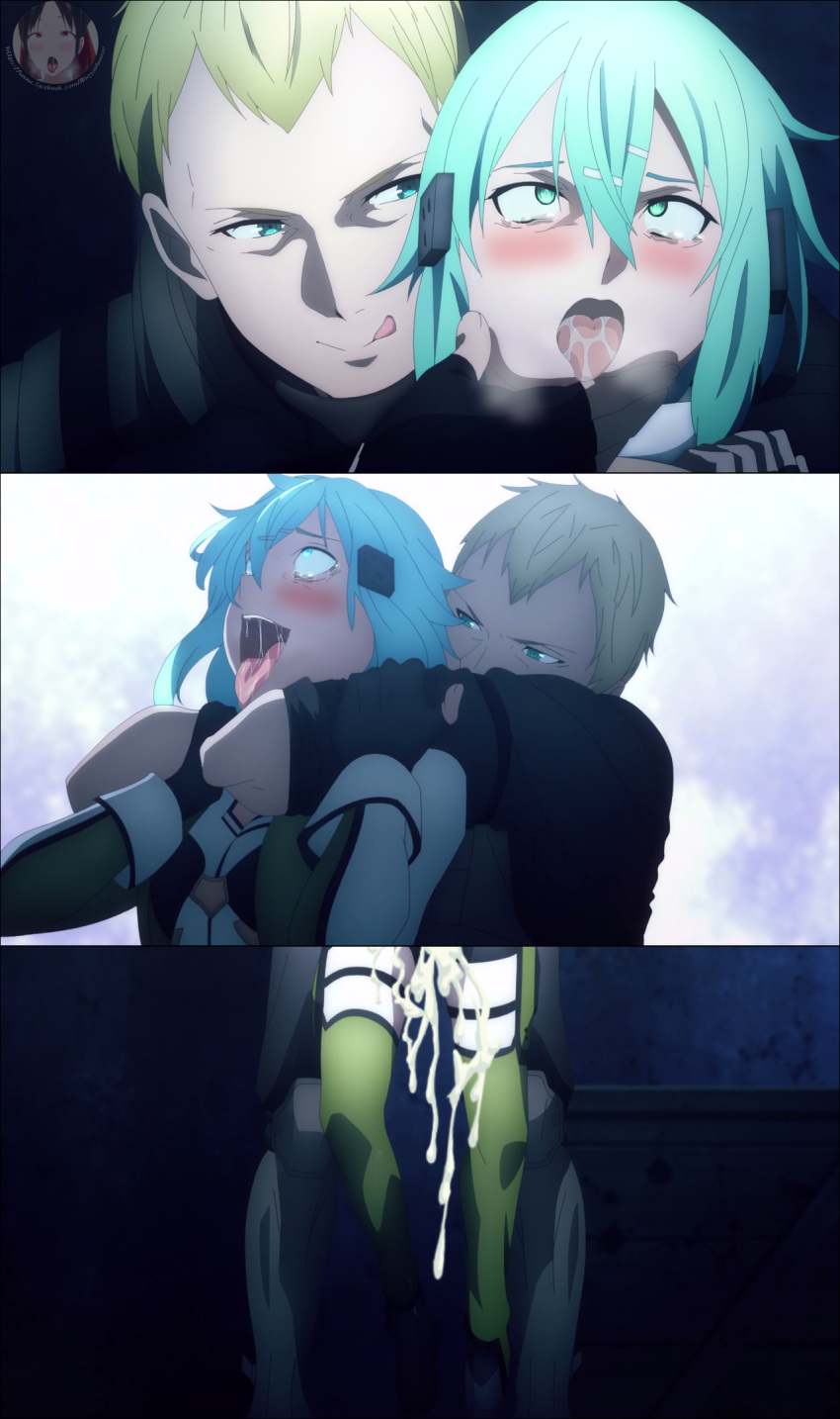 1boy 1girls ahe_gao asada_shino asphyxiation blue_hair blush cum cum_inside cum_on_lower_body cumshot drooling edit eyes_rolling_back female hair_ornament implied_sex male open_mouth saliva screenshot screenshot_edit sex sinon strangling sword_art_online sword_art_online_alicization tears tongue tongue_out waifuah