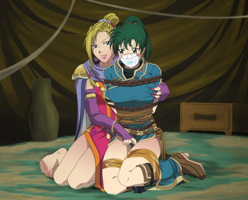 2girls arms_behind_back blonde_hair blue_eyes blush bondage bound breasts calill_(fire_emblem) crotch_rope femdom femsub fire_emblem fire_emblem:_path_of_radiance fire_emblem:_radiant_dawn fire_emblem:_the_blazing_blade gag gagged green_eyes green_hair groping ktu-lu lyn_(fire_emblem) lyndis_(fire_emblem) multiple_girls no_shoes pantyhose rope shoes_removed tape tape_gag thighs tied_up yuri