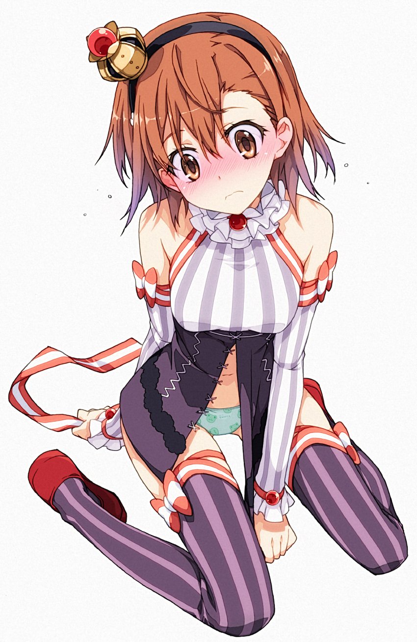 1girls adapted_costume animal_print bare_shoulders blush bow brown_eyes brown_hair childish_panties crown elbow_gloves embarrassed female frills frog_panties frog_print full_body gekota gekota_panties gloves green_panties hair_ornament halterneck hi_res matching_hair/eyes mini_crown misaka_mikoto navel panties print_panties purple_socks saipaco short_hair sitting skirt skirt_removed socks solo striped striped_legwear striped_socks striped_thighhighs teenage_girl teenager thigh_socks thighhighs to_aru_kagaku_no_railgun to_aru_majutsu_no_index underwear vertical-striped_thighhighs vertical_stripes wariza white_background young