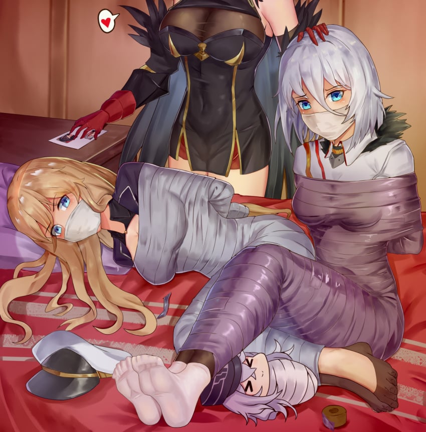 admiral_graf_spee_(azur_lane) arms_behind_back azur_lane bed bismarck_(azur_lane) blue_eyes bondage bound bound_arms bound_legs breasts busty cleavage deutschland_(azur_lane) feet female female_only femdom femsub friedrich_der_grosse_(azur_lane) gag gagged graf_zeppelin_(azur_lane) hand_on_another's_head hand_on_head hat heart helpless large_breasts long_hair looking_at_viewer multiple_girls multiple_subs on_bed on_side party_wipe restrained roll_of_tape tape tape_gag taped_arms taped_legs taped_mouth tied_up tirpitz_(azur_lane) white_hair yuehei_dao yuri zeppy_(azur_lane)