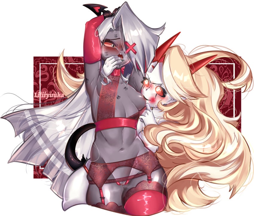 2024 2girls absurdres artist_name blonde_hair blush breast_sucking breasts canon_couple charlie_morningstar_(hazbin_hotel) demon demon_form demon_girl demon_horns demon_tail female female_only femdom femsub finger_in_mouth garter_straps grey_skin hazbin_hotel heart heart-shaped_pupils highres horns lezdom liliryuuka lingerie lipstick lipstick_mark long_hair missing_eye multiple_girls nipples open_mouth pale-skinned_female pale_skin pointy_ears pussy pussy_juice red_eyes saliva small_breasts stockings tail tail_wrap thighhighs vaggie_(hazbin_hotel) watermark white_hair yellow_eyes yuri