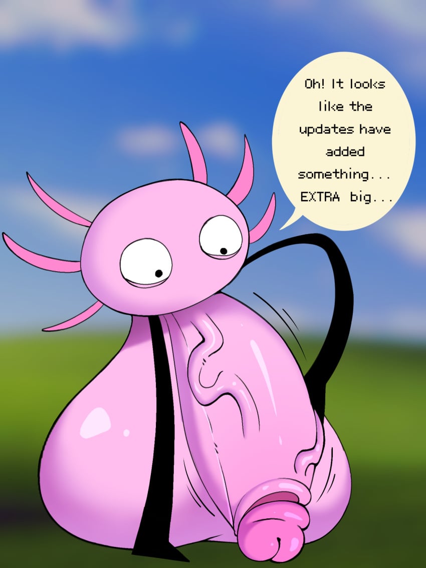 1boy artist_request axolotl big_penis bliss_(image) blurry_background cock english_text hyper_balls hyper_penis kinito kinitopet male male_only penis pink_body small_but_hung solo speech_bubble text_bubble uncensored veins veiny_penis windows_xp