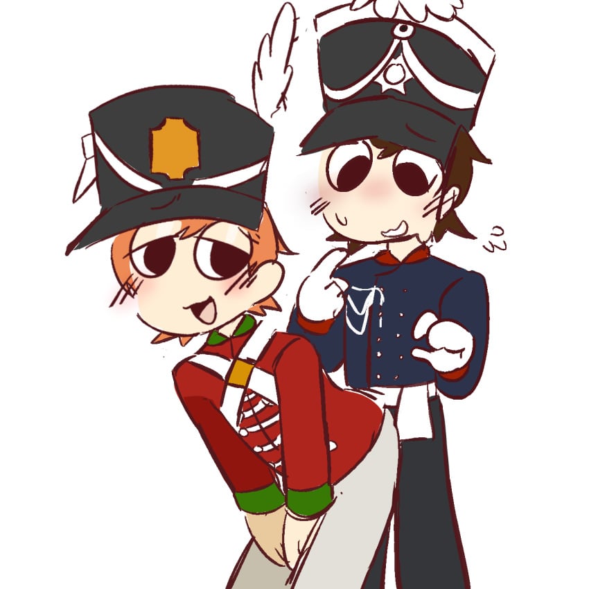 2boys barry_(guts_and_blackpowder) bent_over black_eyes black_pants blue_shirt blush british brown_hair flustered gay ginger gloves grey_pants guts_and_blackpowder prussian prussian_officer_(guts_and_blackpowder) red_shirt roblox shako_cap tagme teapartyfan teasing white_sash yaoi