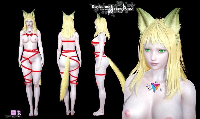 3d black_background blonde_female blonde_hair blonde_hair_female breasts character_sheet female female_only fox_ears fox_humanoid gift_wrapped green_eyes hi_res high_resolution highres multiple_poses nearly_naked nearly_nude nipples only_female picture qr_code riaykuras_playground self_upload simple_background tattoo ultravii_quin_alvana