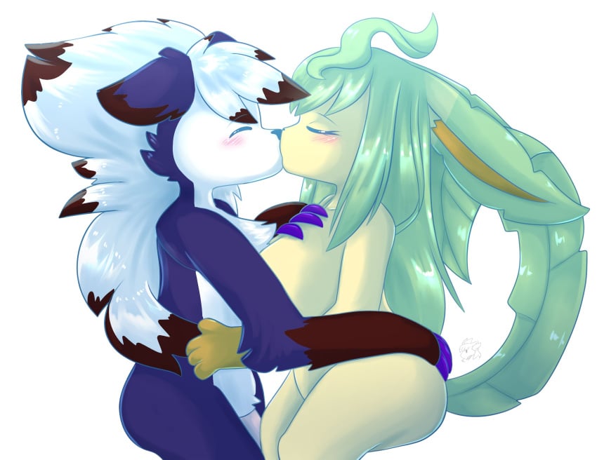 1boy 1boy1girl 1girls anthro blush blushing_at_partner blushing_female blushing_male closed_eyes eeveelution excited excited_male female furry green_hair hand_on_another's_ass hand_on_breast hand_on_butt kissing leafeon penis penis_out pleasure_face pleasured_female pokemon pokemon_(species) starletnexus starlight_nexus white_background