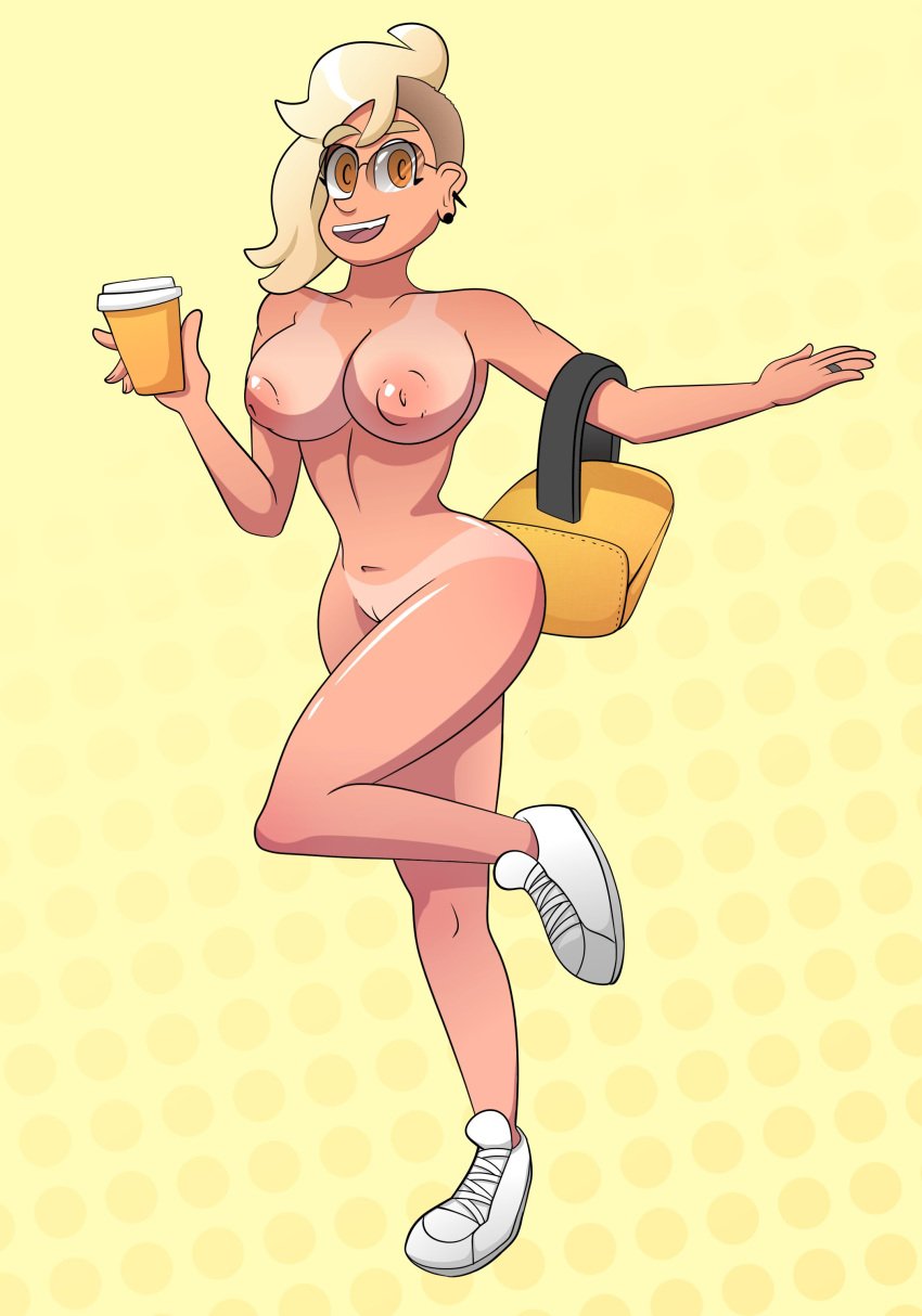 backpack bag blonde_hair casual coffee coffee_cup eyewear female footwear gammapapayas hazel_eyes hourglass_figure human mauxie naked nude nudism nudist pale_skin pink_nipples shaved_pussy sunglasses tan_body tanline tinted_eyewear