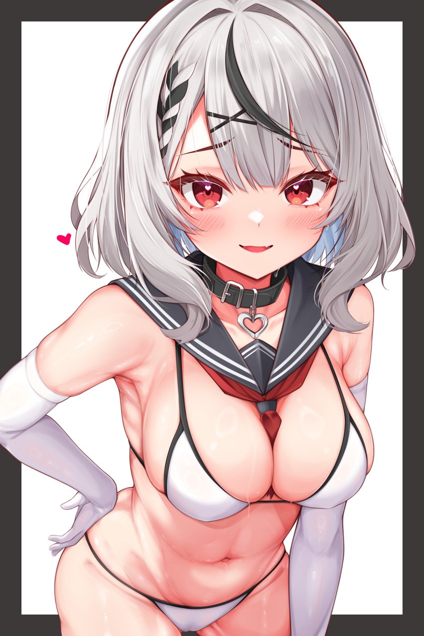 1girls amaki_daisuke black_collar black_hair blush breasts cleavage elbow_gloves female female_only grey_hair grey_sailor_collar heart-shaped_pupils hololive hololive_japan holox large_breasts medium_hair multicolored_hair navel red_eyes red_neckerchief sakamata_chloe skin_fang smile solo straight_hair thighs virtual_youtuber white_bikini white_gloves x_hair_ornament