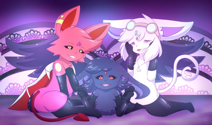 3boys anthro black_gloves black_skin black_socks black_stockings cute ear ears_up eeveelution elbow_gloves espeon excited excited_face excited_male femboy femboys forehead_gem forehead_jewel forehead_mark forehead_markings forehead_tattoo furry glasses glasses_on_forehead glasses_on_head gloves gold_eyes golden_eyes highres laughing lipstick long_gloves long_socks long_stockings makeup multiple_boys pink_skin pokémon_(species) pokemon purple_eyes red_eyes red_skin red_skinned smiling socks source_request starletnexus starlight_nexus tail thigh_high_socks thigh_highs thighhigh_socks thighhighs wings yellow_eyes