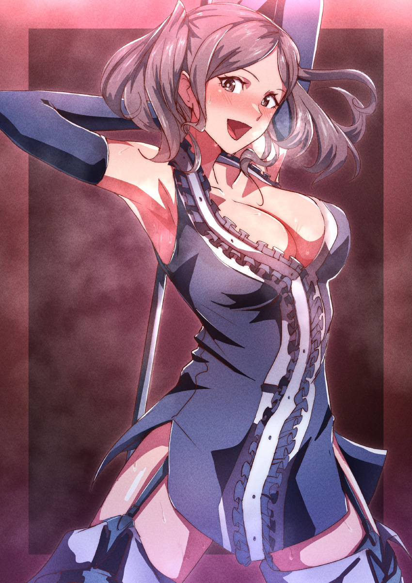 1girls :d absurdres armpits blue_dress blue_gloves blush boots breasts brown_eyes brown_hair cleavage collarbone cowboy_shot cynthia_(fire_emblem) dress elbow_gloves eyebrows_hidden_by_hair female female_only fire_emblem fire_emblem_awakening frilled_dress frills garter_straps gloves happy heavy_breathing highres holding holding_polearm holding_weapon large_breasts looking_at_viewer mixed-language_commentary nintendo open_mouth parted_bangs partially_unbuttoned polearm polearm_behind_back short_dress side_slit sidelocks smile solo steaming_body sweat thigh_boots thighhighs thighs to_(tototo_tk) twintails two-tone_background weapon zettai_ryouiki