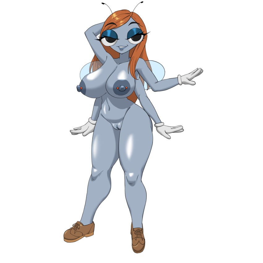 1female alternate_version_at_source alternate_version_available antennae_(anatomy) auburn_hair big_breasts black_eyes blue_eyeshadow commission commission_art disney disney_channel female footwear_only fully_nude gloves hand_behind_head hourglass_figure insect_girl insect_wings looking_at_viewer megahand6 multi_arm multi_limb nipple_piercing sfw_version_available simple_background solo_female tammy_zesty the_buzz_on_maggie thick_thighs toothy_grin white_background