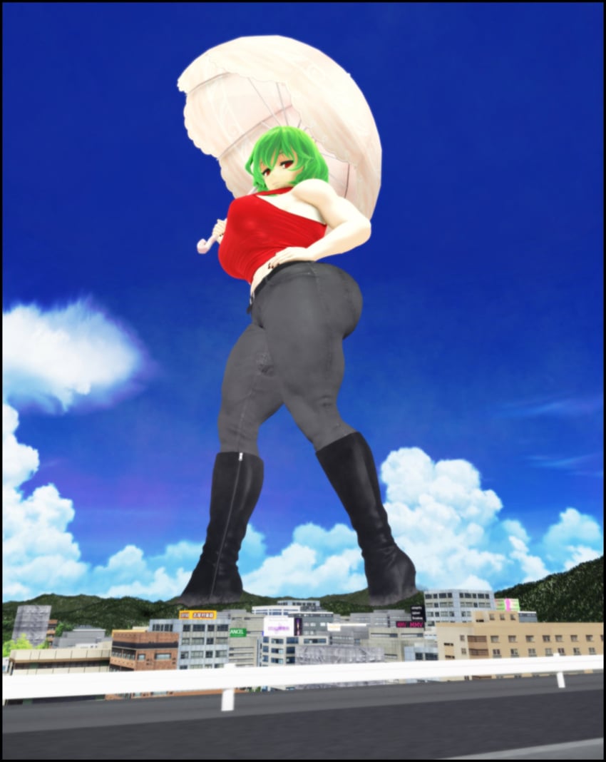 1girls 3d 3d_(artwork) ass big_ass big_breasts big_butt boots breasts city clear_sky clothed clothed_female female female_focus female_only giant_woman giantess giga_giantess green_hair jeans kazami_yuuka light-skinned_female light_skin looking_at_viewer looking_down looking_down_at_viewer mikumikudance parasol purefoxxo red_eyes short_hair sleeveless_shirt solo solo_female solo_focus touhou touhou_project umbrella yuka_kazami