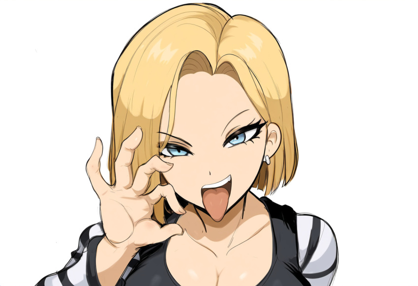 1girls ai_generated android android_18 blonde_hair dragon_ball dragon_ball_super dragon_ball_z facing_viewer fellatio_gesture female inviting_to_sex large_breasts looking_at_viewer mullon novelai open_mouth robot_girl solo suggestive suggestive_gesture tongue