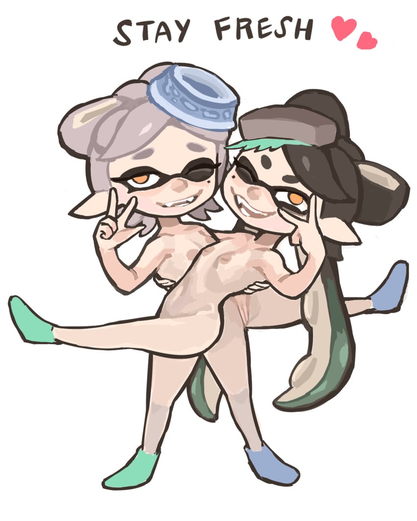 animal_humanoid breasts callie_(splatoon) cephalopod cephalopod_humanoid duo female genitals hi_res humanoid inkling looking_at_viewer marie_(splatoon) marine marine_humanoid mollusk mollusk_humanoid nintendo nipples nude poivre_moulu pussy small_breasts splatoon splatoon_(series) squid_sisters_(splatoon) text