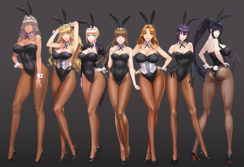 2d 2d_(artwork) 6+girls 7girls alessandra_(damegane) animal_ears aqua_eyes arm_at_side armpits arms_behind_head arms_up ass bangs bare_arms bare_shoulders black_corset black_footwear black_gloves black_hair black_jacket black_leotard blonde_hair blue_eyes blunt_bangs blush bow bowtie braid breasts brown_eyes brown_hair brown_legwear bunny_ears bunny_girl bunny_tail bunnysuit clavicle cleavage coattails contrapposto corset corset_bra covered_navel damegane dark_skin detached_collar earrings elbow_gloves erect_nipples erect_nipples_under_clothes eyebrows_visible_through_hair eyelashes fake_animal_ears felicia_(damegane) female fishnet_legwear fishnet_pantyhose fishnets floating_hair french_braid full_body gloves grey_background grey_hair grin hair_intakes hairband hand_on_chest hand_on_hip hand_on_leg hand_on_own_chest hand_up hands_on_hips head_tilt high_heels high_resolution highleg highleg_leotard hip_focus hips huge_breasts in_profile jacket jewelry large_breasts large_filesize legs leotard lidia_(damegane) lips long_hair long_legs long_sleeves looking_at_viewer multiple_girls mylene_(damegane) neck_ribbon nipples original pale_skin pantyhose ponytail purple_eyes purple_hair red_eyes reena_(damegane) ribbon sakura_(damegane) shoes short_hair sideboob sidelocks simple_background sleeveless smile standing straight_hair strapless strapless_leotard tail take_your_pick thighs tied_hair tsurime underbust very_high_resolution victoria_(damegane) wing_collar wrist_cuffs yellow_eyes